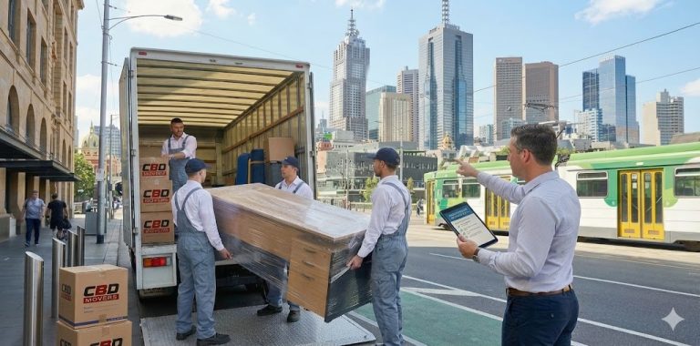 Professional CBD Movers team loading a large wrapped office desk and branded boxes into a truck during an office relocation in Melbourne CBD, supervised by a manager holding a tablet with a tram passing by.