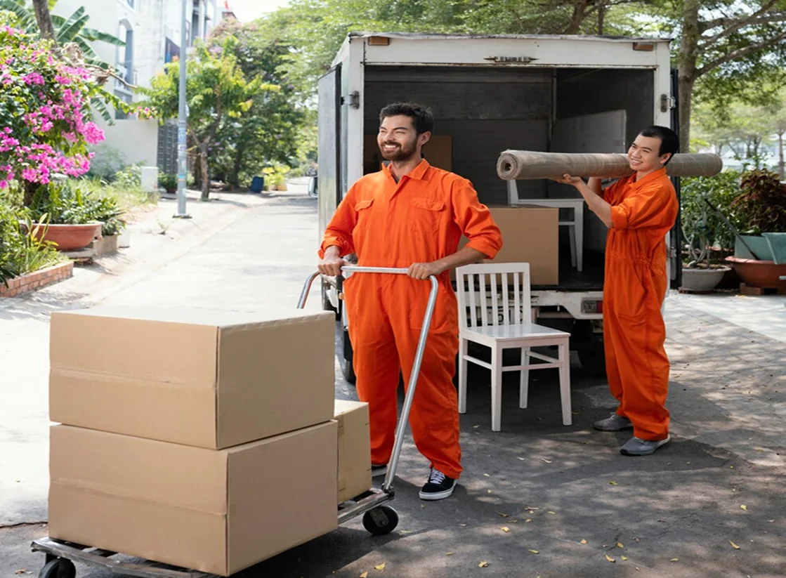 Two CBD Movers removalists loading boxes into a van outside a home