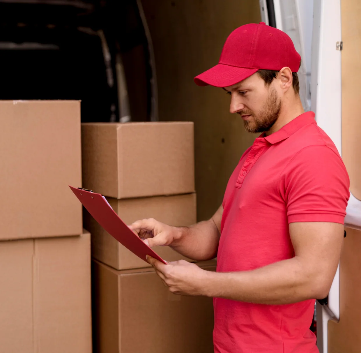 A CBD Movers removalist loading a large box into the back of a moving van