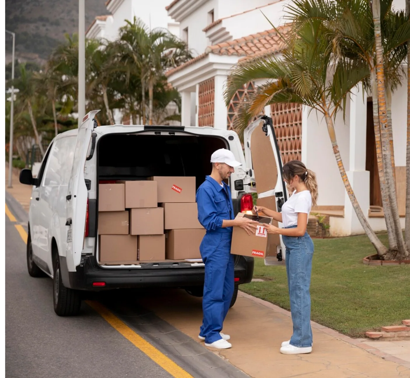 Two CBD Movers removalists loading boxes into a van outside a home